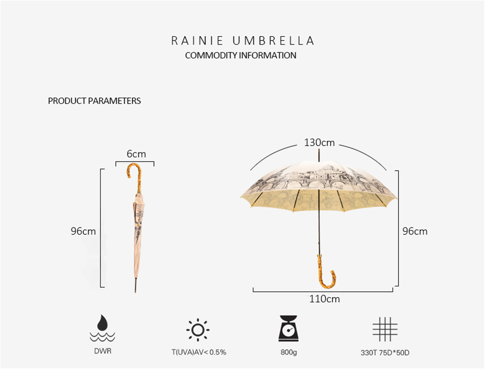 Thin curved bamboo umbrella with straight handle