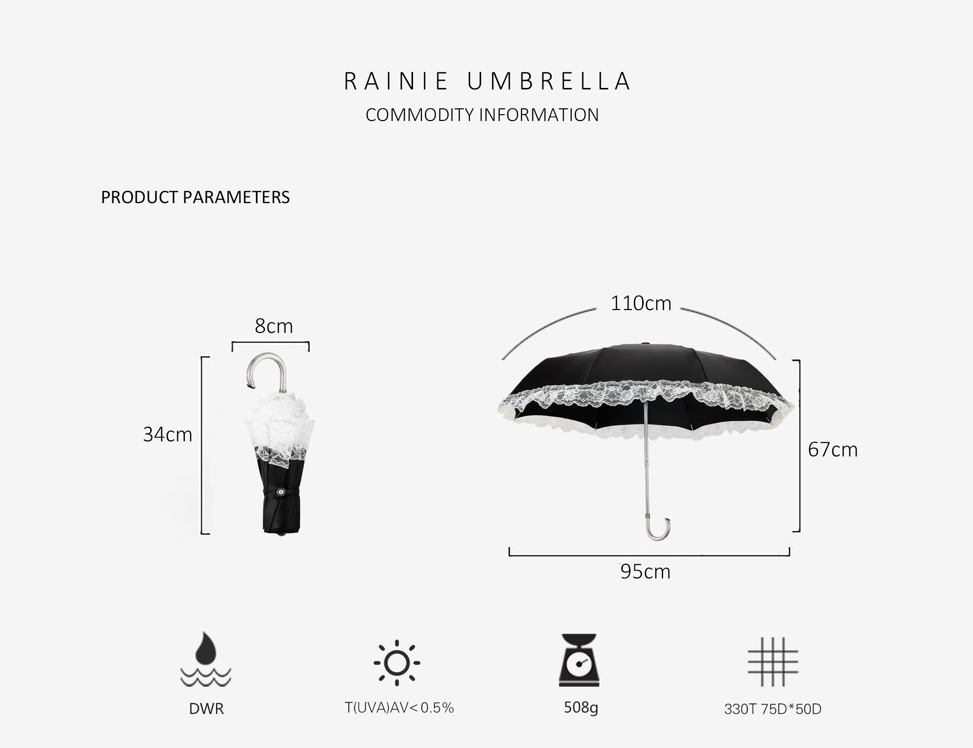 Diamond-encrusted bent folding umbrella